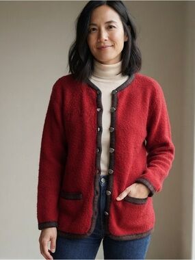 Vintage Simons Sz L Red New Wool Grannycore House Button Cardigan
